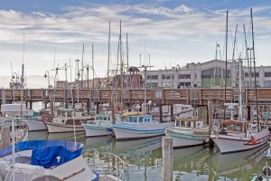 Colorful Sailing Boats at Fishermans Wharf of San-Francisco Bay in California,United States. Horizontal Image Composition